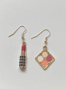 2pcs Lipstick/Eyeshadow Compact Makeup Set & Asymmetric Earrings, Personalized Quirky Earrings, Holiday Gift Jewelry, Suitable For Party, Daily Wear And Theme Events