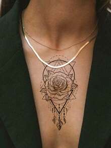 4张女士身体彩绘临时纹身贴纸，黑色花朵和几何图案。防水，可持续2-5天。可用于手部、手臂、颈部、肩部、胸部、腰部、腿部和脚踝。适合节日、派对、音乐节以及作为身体装饰。 - 黑色 - 查看 5