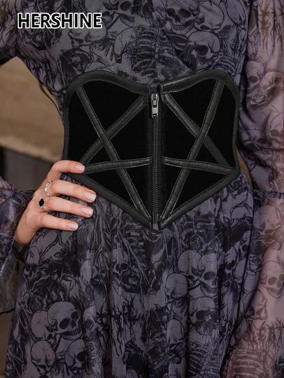 Hershine 1pc Vintage Trim Strap Heart & Hexagram Decor Bustier, Black Tight Bra, Waist Belt. Gothic Style Women's Halloween Costume, Sexy Halloween Accessory, Classic Shirt/Dress Belt, Suitable For Women's Parties, Halloween And Christmas Outfits Multifunctional Accessory. Christmas, Halloween Costume Accessory, Perfect Gift For Family And Friends, Thanksgiving Gift Daily Use Halloween Summer, School Fall, Autumn, Halloween