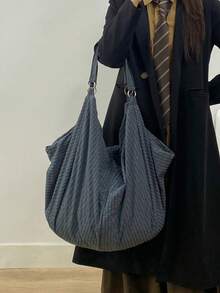 Large Capacity Plaid Pattern Shoulder Bag, New Autumn/Winter Dark Color Nylon Fabric Bag, Soft & Lightweight Foldable Women's Crossbody Bag, Casual & Practical Multipurpose Tote Bag, Suitable For Work, Study, Travel - Blue - View 10