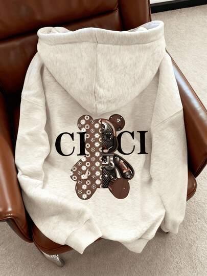 Sudadera con capucha casual de mujer LOVE JOYY con estampado de oso y letras, de manga caída, para otoño/invierno