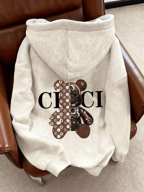 Sudadera con capucha casual de mujer LOVE JOYY con estampado de oso y letras, de manga caída, para otoño/invierno