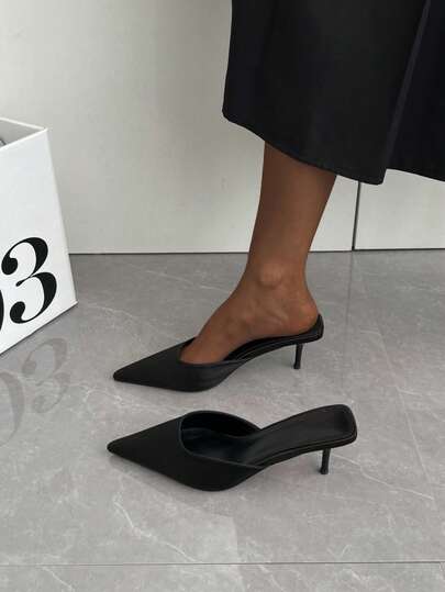 Women's New Autumn/Winter Pointed Toe Fabric Slip-On High Heels, Elegant Black High Heels, Fashionable Multifunctional Stiletto Mule Slides, Comfortable Convenient Slip-On Sandals, Kitten Heels, Elegant Style, Suitable For Parties, Holidays, Weddings, Office, All Seasons