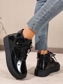 Botas de tobillo con cordones y suela gruesa para mujer, zapatos casuales y utilitarios para exteriores con cuello vuelto, decoración de hebilla metálica y cordones, para otoño/invierno