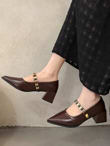Black Versatile Color Block Pointed Toe Chunky Heel Pumps, New 2025 Korean Version Metal Buckle Mid-Heel Mary Jane Shoes For Women - Brown - View 16