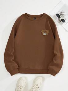 Sudadera básica mujer cuello redondo manga larga cómoda calientita diario estampado tierno oso bordado teddy - Café integral - Ver 1