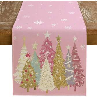 1 PIEZA Camino de mesa de árbol de Navidad rosa, hecho de material de poliéster, decoración navideña de árbol de Navidad y copos de nieve, decoración de mesa de comedor rústica para cocina, decoración de cena interior y exterior para fiestas