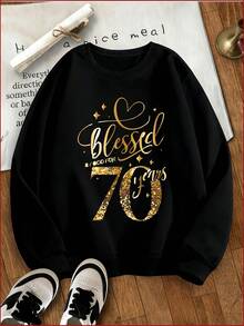 By God For 70 Years Golden Glitter Birthday Shirt Women Long Sleeve Sweatshirt Celebration Gift For 70th Birthday Annrsary Party Wear - 黑色 - 查看 2