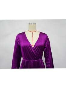Women's Solid Color Long Sleeve Pleated Waisted Party Dress - Purple - View 7