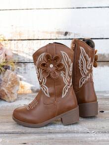 女童复古西部风格刺绣牛仔靴 - 棕色 - 查看 4