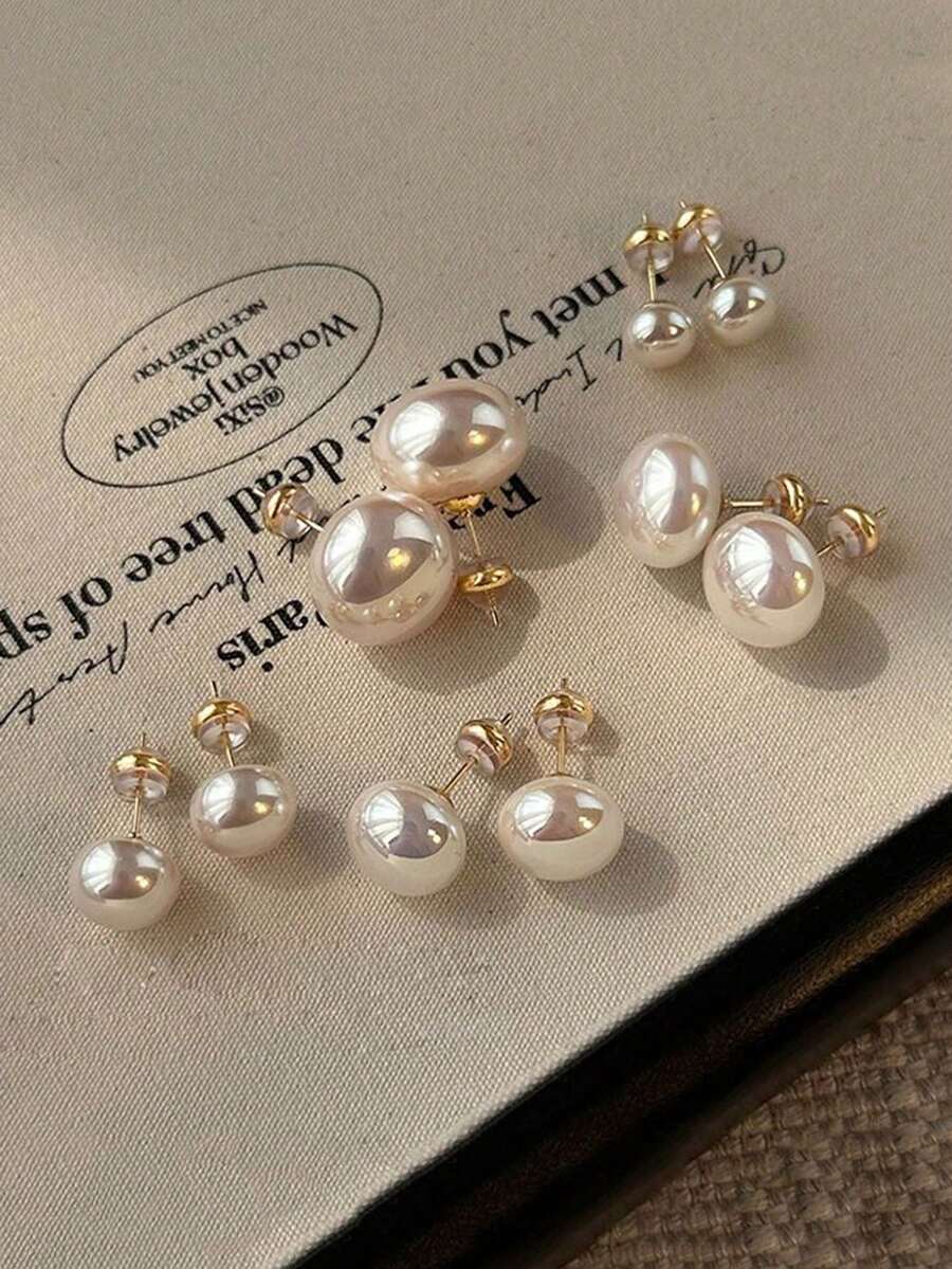 5pcs/Set Minimalist French Style White Flat Round Bun Faux Pearl Stud Earrings, Elegant Vintage High-End Earrings Suitable For Women's Daily And Holiday Wear - Đặt một - Xem 1
