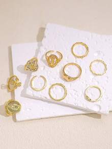 10pcs Exaggerated Rhinestone Crown & Cross Punk Fashion Finger Rings, Suitable For All Occasions, Great Gift Choice - Yellow Gold - View 2