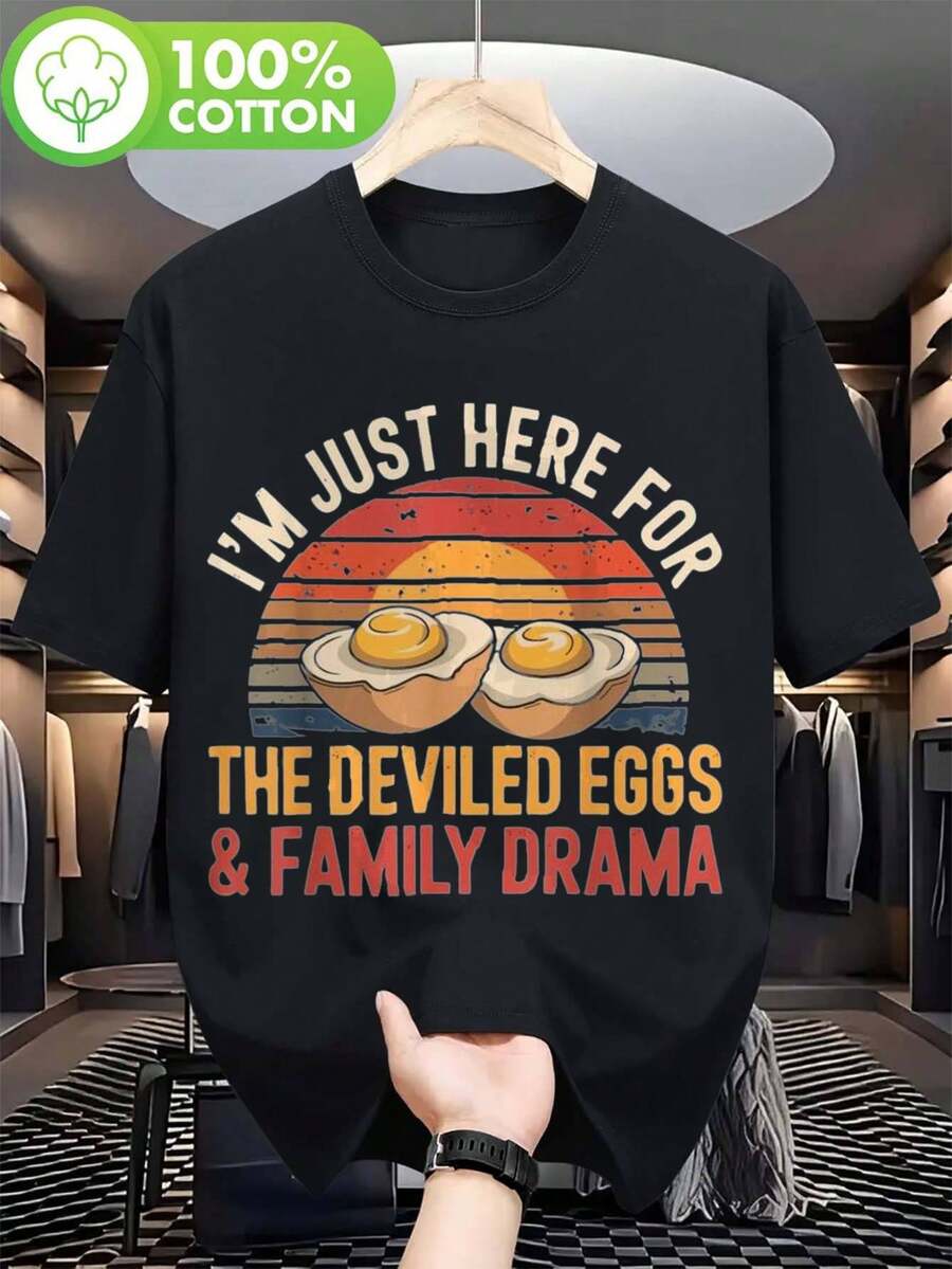 Camiseta de Acción de Gracias "Estoy Aquí Solo Por los Huevos Revueltos" - Camiseta Vintage de Manga Corta con Cuello Redondo y Gráfico Divertido de Huevos Revueltos, Camiseta de Acción de Gracias, Camiseta para Hombre, Camiseta para Hombre, Camiseta para Hombre