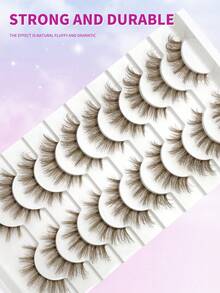 10 Pairs Brown False Eyelashes, Natural Thin Faux Mink Lashes, 3D Transparent Band Eyelashes, Fluffy Curly Cat Eye Lashes - Brown - View 5