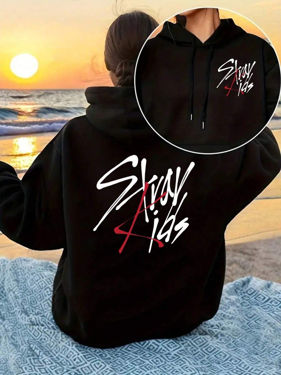 Stray Cats Print Hoodie, Front And Back Panels, Drawstring Casual Hoodie, Suitable For Winter And Fall, Women's Clothing,Women's Winter Clothes,Conjunto De Dos Piezas Mujer,Valentine Outfits For Women - 黑色 - 查看 1