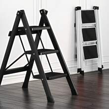 SIDIANBAN Portable 3-Step Folding Step Ladder For Adults – Lightweight Black Iron Stepladder With Anti-Slip Wide Pedals, Compact And Space-Saving Design, Perfect For Home, Kitchen, And Office Use - 黑色 - 查看 9