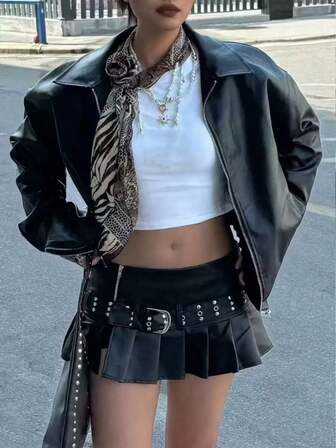 1 件女士纯色时尚宽松哑光皮夹克外套，秋冬