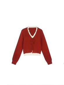 拼接荷叶边V领毛衣女式系结宽松柔软加厚短款开衫 - 紅色 - 查看 5