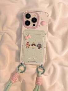 INS韩版蝴蝶结泼墨饼干挂绳卡套手机壳，兼容 16 Pro Max/15 Pro Max、新款11、创意12、软壳11、防震14 Pro/13保护套，全包式女款17 Pro Max/17/Pro/17 Plus/17 - 彩色 - 查看 3