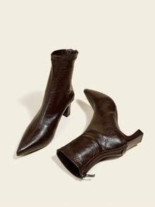 秋冬女士咖啡棕色踝靴，7厘米高跟，弹力修身靴型，舒适时尚，粗跟和厚跟款式，酒红色鞋跟 - 棕色 - 查看 1