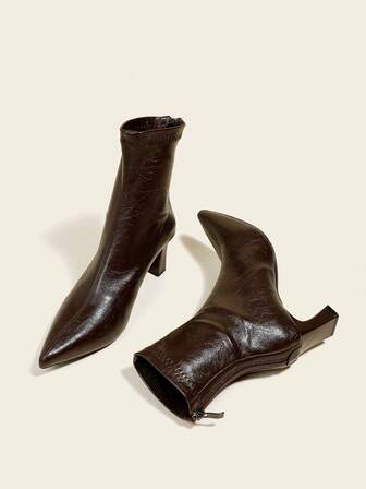 Fall/Winter Women's Coffee Brown Ankle Boots And Short Boots, 7cm High Heel, Elastic Slim Fit Boots, Comfortable And Fashionable, Block Heel And Chunky Heel,Burgundy Heels