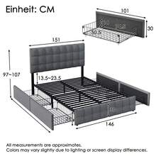 (=622122AAS) Upholstered Bed With 4 Drawers, Double Bed With Slatted Frame, Bed With Storage, Height Adjustable Headboard And Square Stitching Design, Metal Slat Support, Linen Material (140*200, Black) - 灰色+亞麻 - 查看 5