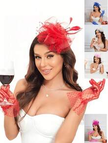 3pcs Fascinator With Lace Gloves Feather Tea Party Hat For Horse Racing Flower Kentucky Derby Hat For Women&Girls Mother's Day Gift. - 戴手套的風格 - 查看 10