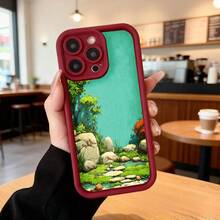 Cubierta de teléfono con borde negro y diseño de paisaje natural verde con piedras y plantas para uso diario en cafeterías y espacios interiores Aplicable a los teléfonos de la serie Apple y Galaxy - Negro - Ver 5