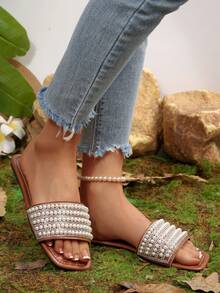 Mules à enfiler ornées de strass pour femmes, légères, antidérapantes, pour une utilisation décontractée à la plage, convenant aux grandes tailles, pailletées, pantoufles de mode pour l'intérieur/extérieur - Tabac - Voir 2