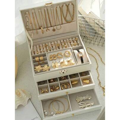 1pc PU Leather & Acrylic 3-Layer Jewelry Box, Suitable For Home Use, Large Capacity Acrylic Jewelry Box For Rings, Earrings, Necklaces, Jewelry Display Box, Transparent Ring Box, Nail Polish Box, Bead Storage Box, Vintage Gift, Travel Jewelry Box, Portable Jewelry Box, Decor For Beauty Salon, Home, Kitchen, Bathroom, Bedroom, Valentine's Day Gift