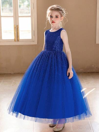 优雅宝石蓝薄纱公主裙，适合少女生日派对、毕业典礼、正式场合、伴娘、花童、选美比赛等场合。