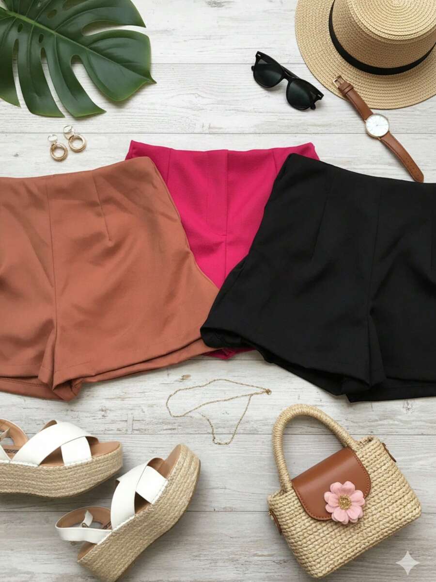 ✨ Set Of 3 Women's Dress Shorts – Summer 2025 Fashion ✨ - 粉紅色,焦糖色和黑色 - 查看 1