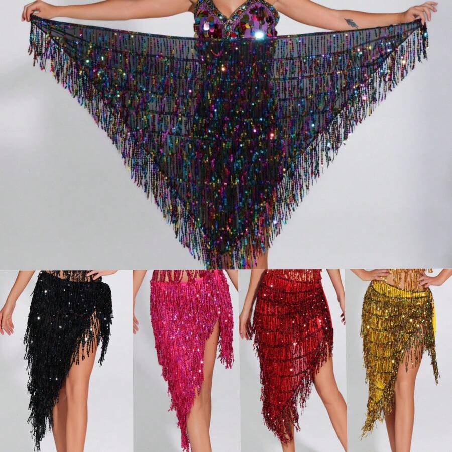 Nova Echarpe de Dança do Ventre com Franjas de Lantejoulas, Xale Triangular, Corrente de Cintura para Apresentações de Dança Oriental e Iniciantes