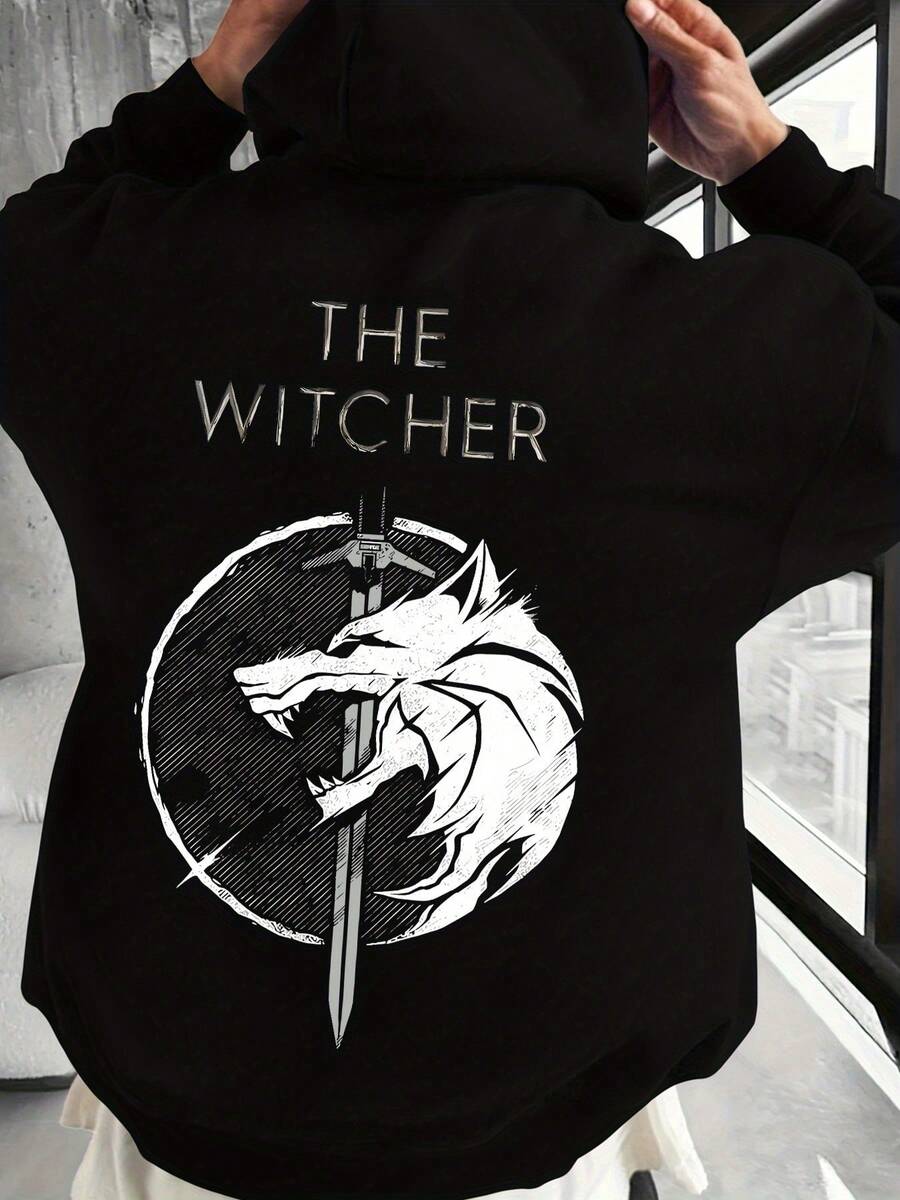 Chaqueta con Capucha para Hombre THE WITCHER - Sudadera Negra con Diseño de Espada y Cabeza de Lobo, Ropa de Invierno Lavable a Máquina, Ideal para Fans de Videojuegos y Clima Frío, Estilo Casual y Duradero, Diseño Fantasía - Negro - Ver 1