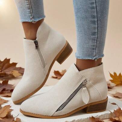 Women's Retro Solid Color Suede Ankle Boots - Comfortable All-Season Solid Color Chelsea Boots, Platform Chunky Heel Simple Side Zip Short Boots