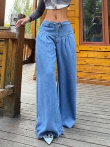 Women's Casual Wide-Leg Denim Long Pants, Elegant And Stylish Long Style, With Pockets - 中等水洗藍 - 查看 5