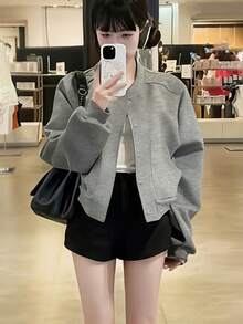 休闲美式灰色棒球夹克，宽松版型，落肩设计，短款，百搭秋季外套 - 淺灰色 - 查看 3