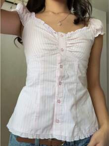 Women Fairy Grunge Y2k Shirt Vintage Short Sleeve 2000s Fairycore Aesthetic Crop Top E-Girl Streetwear - Hồng - Xem 1