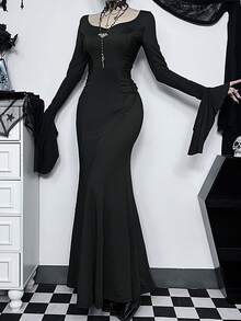 1 pieza Elegante vestido largo de sirena ajustado, tela elástica, adecuado para Halloween - Negro - Ver 2