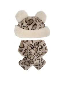 2pcs/Set Leopard Print Vintage Cute Faux Fur Patchwork Hat Combo, Mongolian Style Fluffy Warm Earmuffs Hats For Women, Autumn/Winter