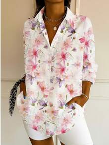 彩色花卉印花长袖休闲衬衫 - 白色 - 查看 2
