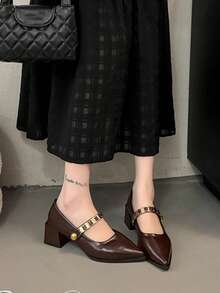 Black Versatile Color Block Pointed Toe Chunky Heel Pumps, New 2025 Korean Version Metal Buckle Mid-Heel Mary Jane Shoes For Women - Brown - View 7