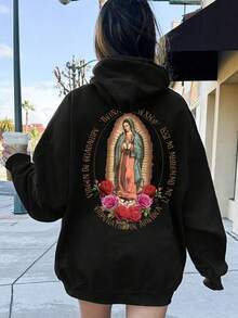 INAWLY Women's Printed Hoodie With Virgin Mary Back Design,Long Sleeve Tops Graduation,Back To School Outfits,Graduation,Teacher Outfits For Women,Back To School Pullover Fall Outfit - Negro - Ver 1