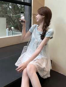 分层蕾丝荷叶边吊带背心 - 白色 - 查看 7