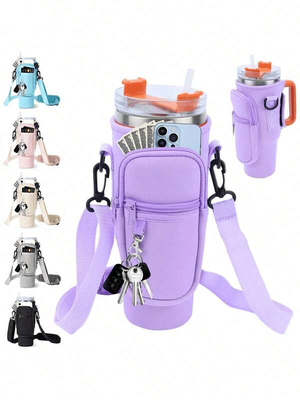 40 Oz Glass Cup Holder, Insulated Cup Cover, Neoprene Cup Cover, Suitable For Outdoor Travel, Fitness, Daily Use. Water Bottle Bag With Mobile Phone Pocket, Suitable For 40/30 Oz Glass Cup, With Handle, With Adjustable Shoulder Strap, Key Hook, Suitable For Hiking Camping Sports Water Bottle Holder Insulated Bag Water Cup Bag