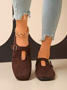 Spring New Fashion Faux Suede Square Toe Flat Women Shoes, Buckle Solid Color Mary Jane Casual Comfortable Daily Wear - Coffee Brown - View 2