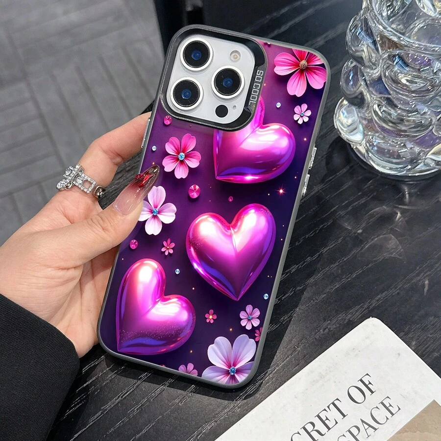 Colorful Silver Apple Phone CasePink Hearts And Flowers On Purple BackgroundCompatible With 11 To 17 Models The Cases Lens Protection Function Ensures The Camera Remains Undamaged During Shooting Guaranteeing Image Quality - Black - View 1
