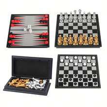 1件迷你磁性棋盤遊戲，小型便攜式折疊棋盤旅行套裝－5英吋磁性棋盤，經典西洋棋、棋盤遊戲與跳棋，口袋旅行尺寸，適合派對與活動策略遊戲，桌面遊戲配件 - 彩色 - 查看 3