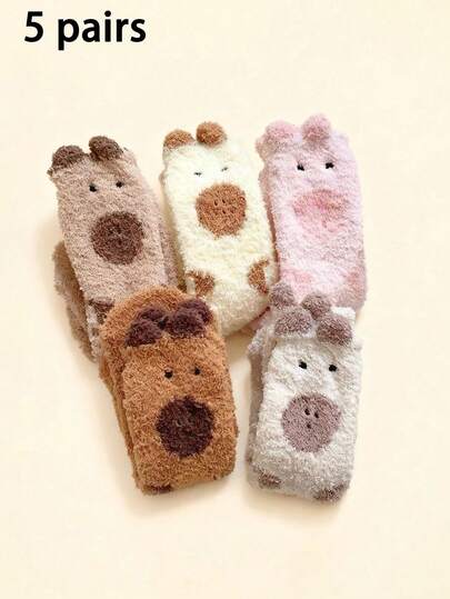 5 Paar Damen Capybara Plüschsocken, knöchellang - süß, modisch, bequem, warm und weich, geeignet für Herbst/Winter Alltagskleidung, Zuhause und Schlaf