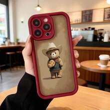 Cubierta de teléfono con borde negro y diseño de oso vaquero con sombrero y galleta para iPhone 14 Pro Max en color marrón claro ideal para uso diario en cafeterías y salones Aplicable a los teléfonos de la serie Apple y Galaxy - Burdeos - Ver 7